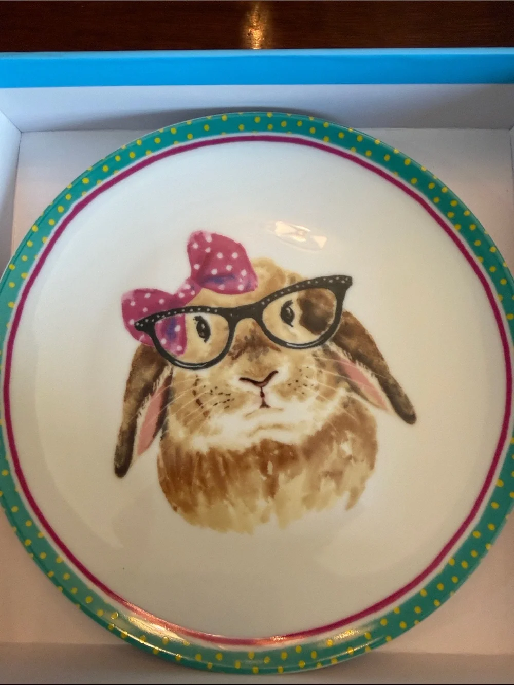 Pier 1 Bunny Salad Plates with Pink, Green and Teal Accents. New in box!